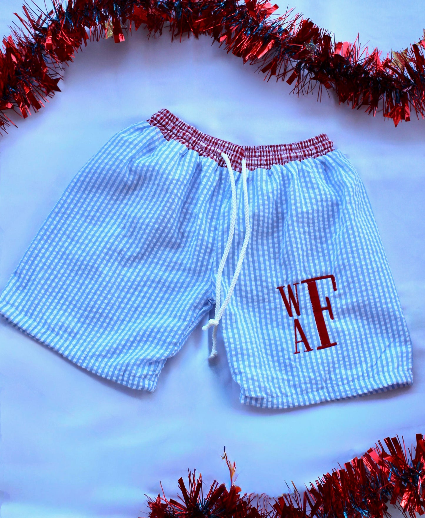 Boys Seersucker Swim Trunks with Custom Monogram | Personalized Kids Swim Shorts | Light Blue Stripe Bathing Suit | Summer Beach Outfit