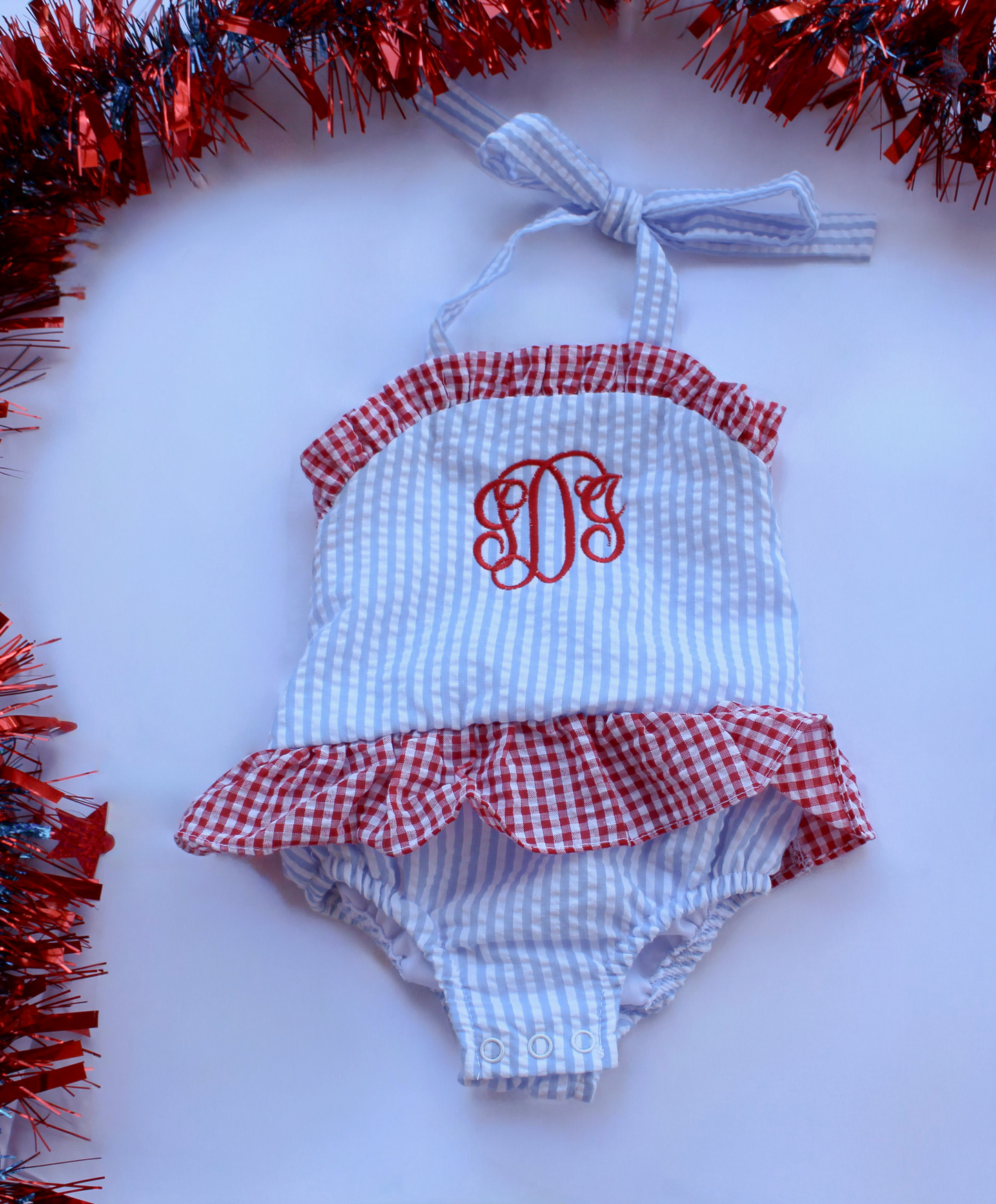Baby Girl Seersucker Romper with Monogram | Patriotic Red White Blue Outfit | Personalized Baby Bubble | 4th of July Baby Outfit