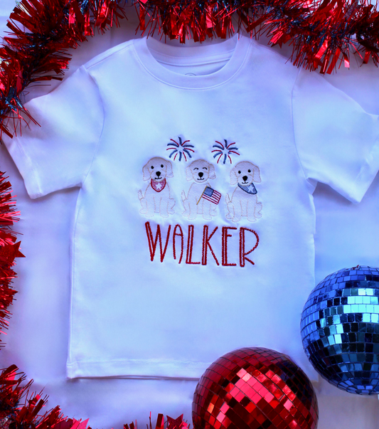 Personalized Patriotic Puppy Shirt | Custom Name Kids 4th of July Shirt | Embroidered Dog Tee | Boys Girls Summer Outfit