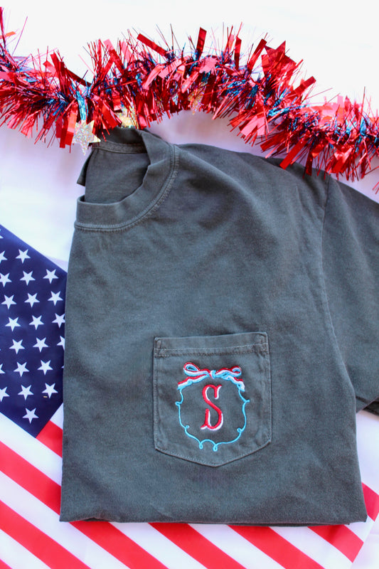 Embroidered Monogram Pocket Tee | Patriotic Preppy Shirt | Custom Initial Shirt | Comfort Colors Pocket Tee | Boutique Monogram Shirt
