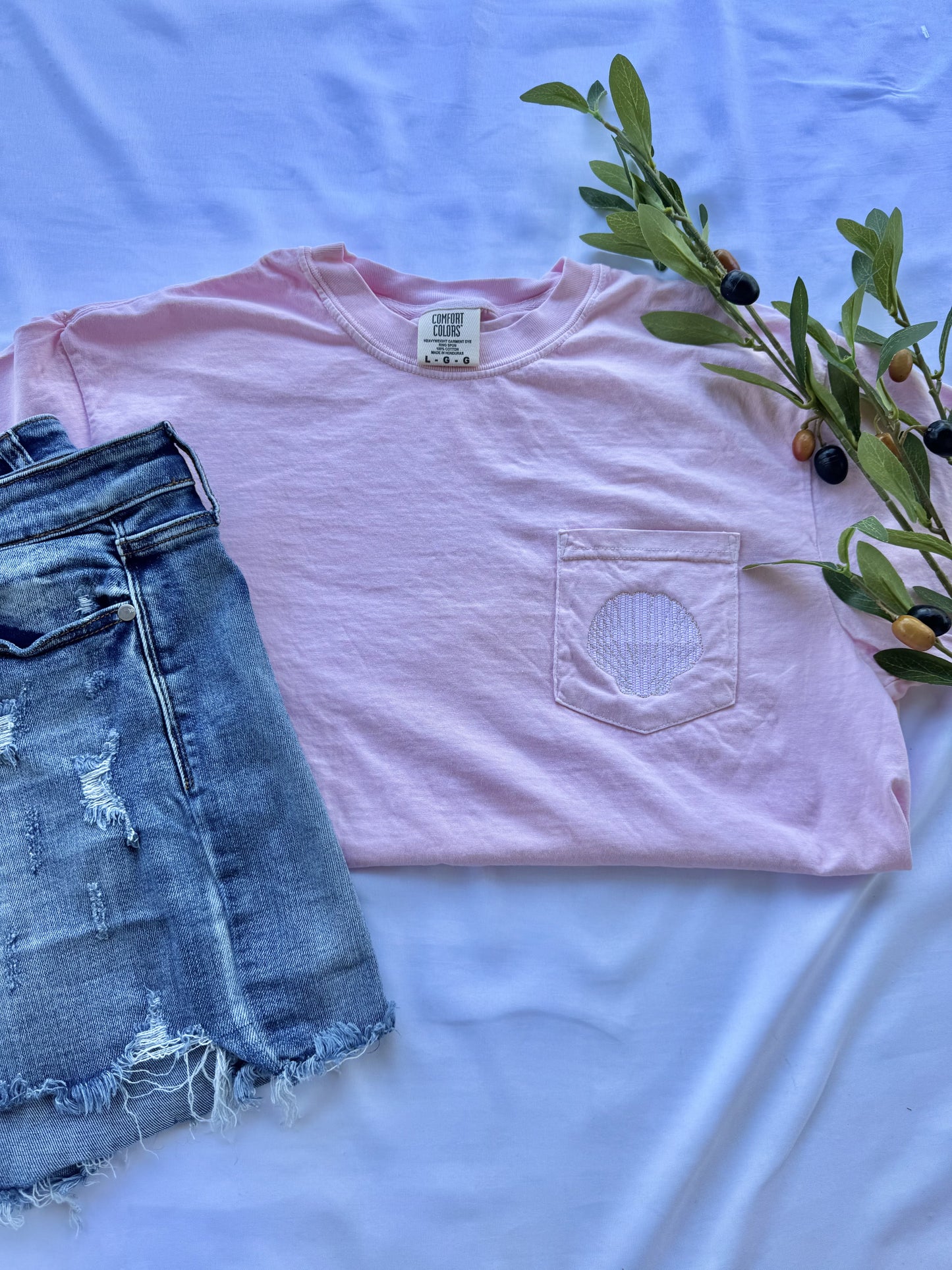 Embroidered Seashell Pocket Tee | Comfort Colors Coastal Summer Shirt | Beachy Boutique Tee