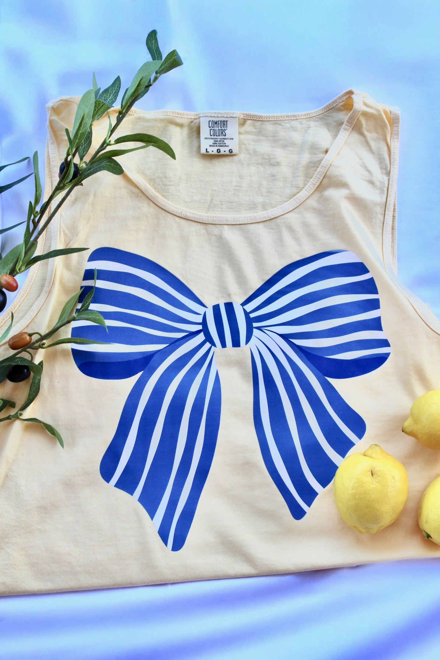 Blue Coastal Bow Comfort Colors Tank | Preppy Summer Bow Tank Top | Coastal Grandmillennial Tank