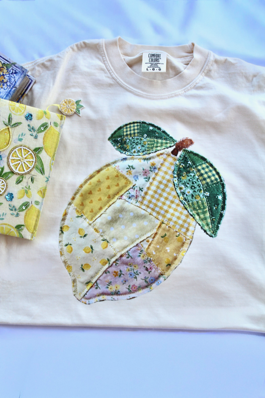 Faux Appliqué Lemon Comfort Colors Tee | Vintage Citrus Patchwork Shirt | Cottagecore Boutique Tee