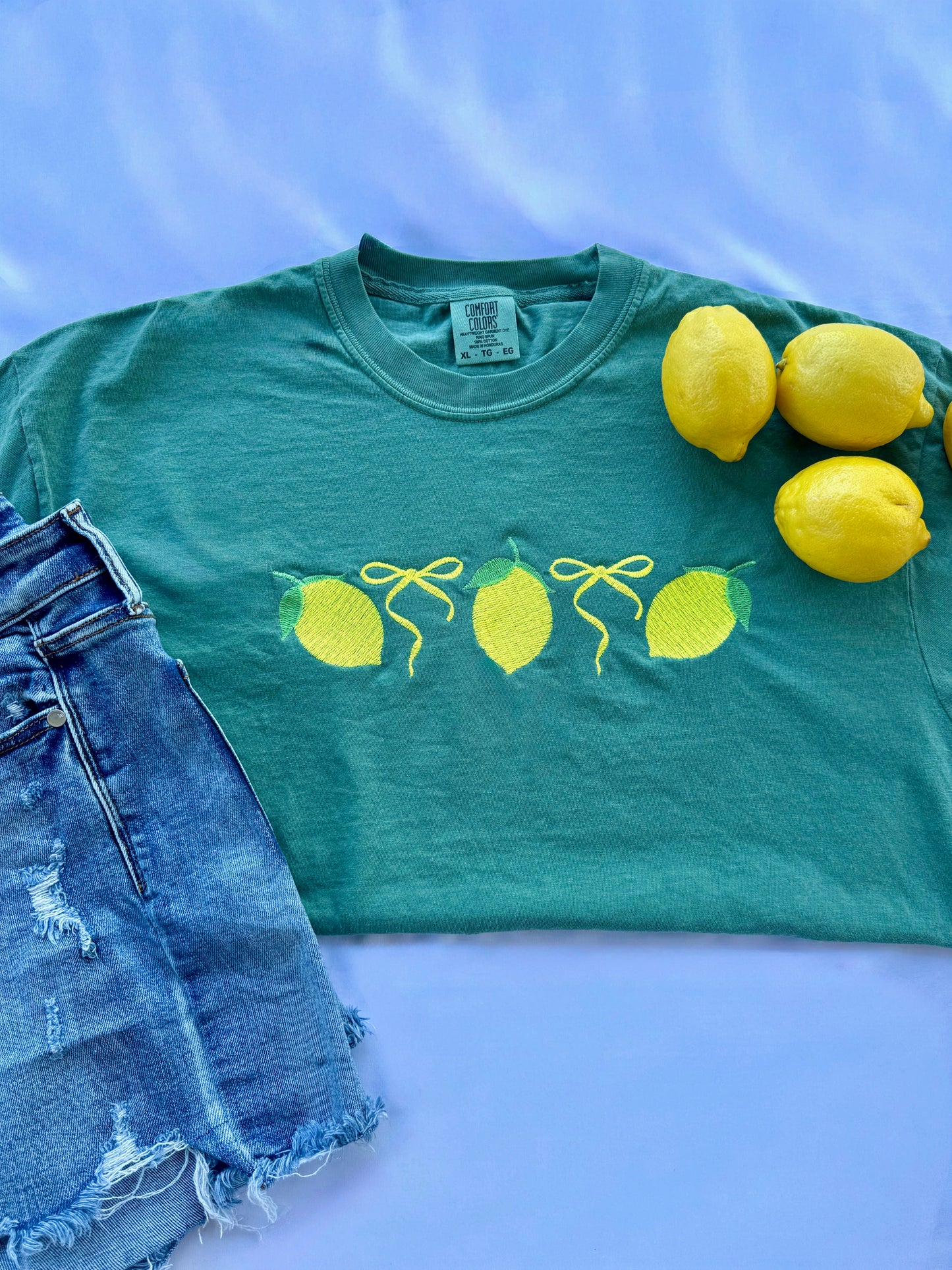 Embroidered Lemon Bow Comfort Colors Tee | Coastal Citrus Boutique Shirt | Preppy Summer Tee