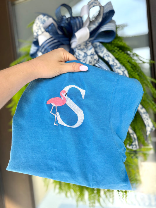 Flamingo Monogram Embroidered Comfort Colors Tee | Custom Initial Shirt | Coastal Preppy Graphic Tee