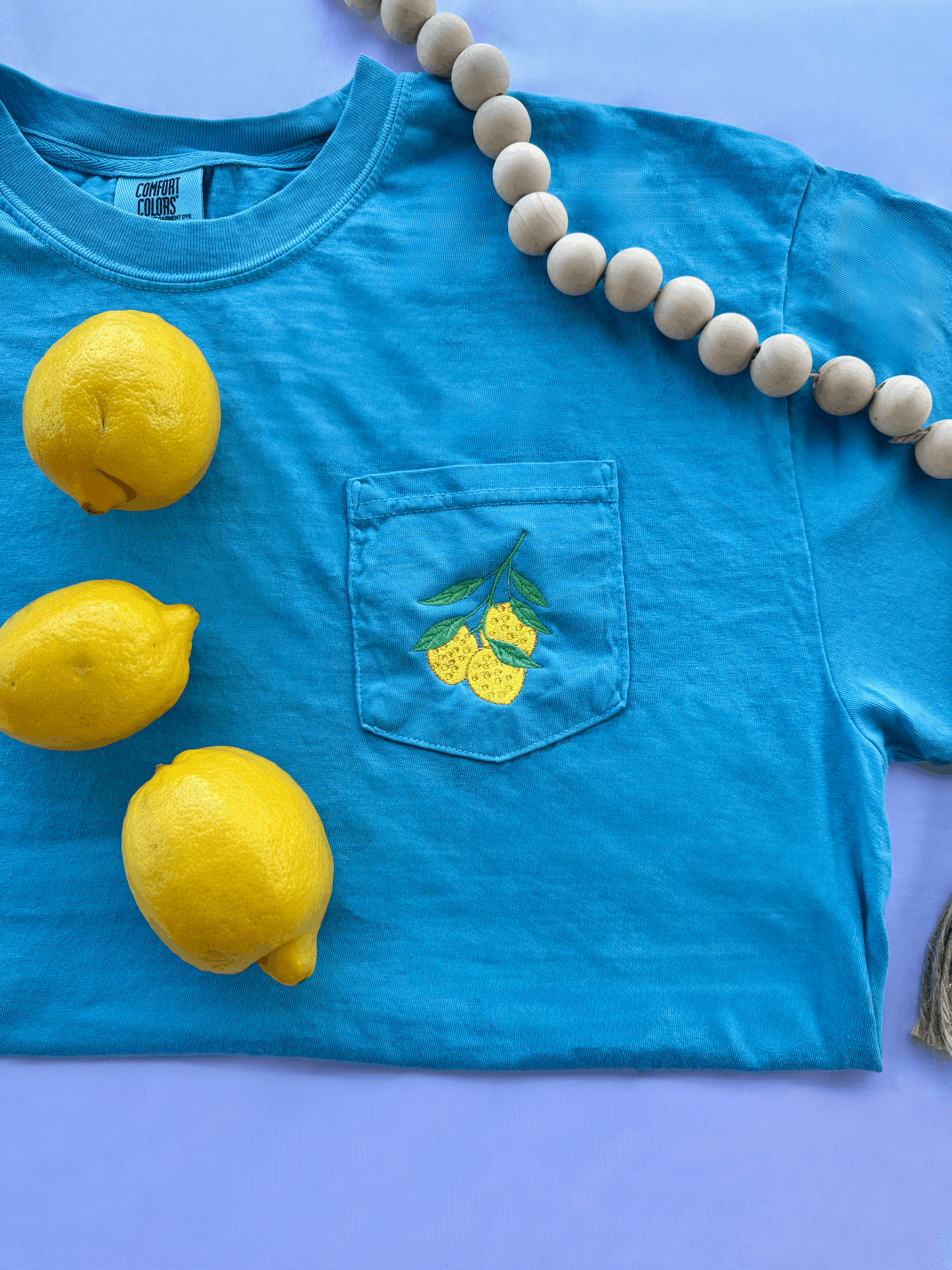 Embroidered Lemon Pocket Tee | Comfort Colors Citrus Shirt | Coastal Summer Boutique Tee