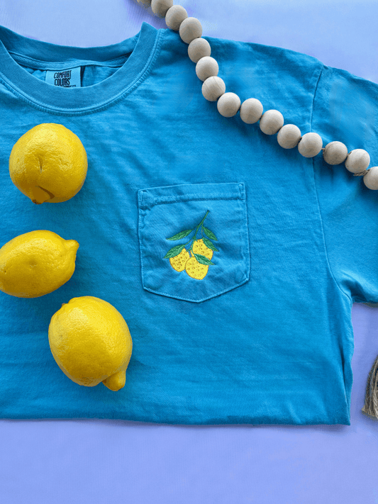 Embroidered Lemon Pocket Tee | Comfort Colors Citrus Shirt | Coastal Summer Boutique Tee