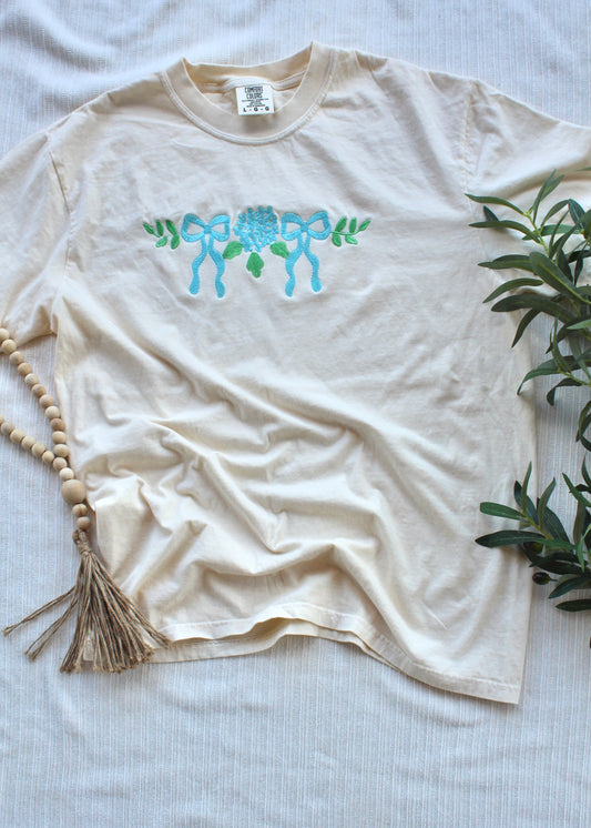 Hydrangea Bow Embroidered Tee | Feminine Floral Ribbon Shirt