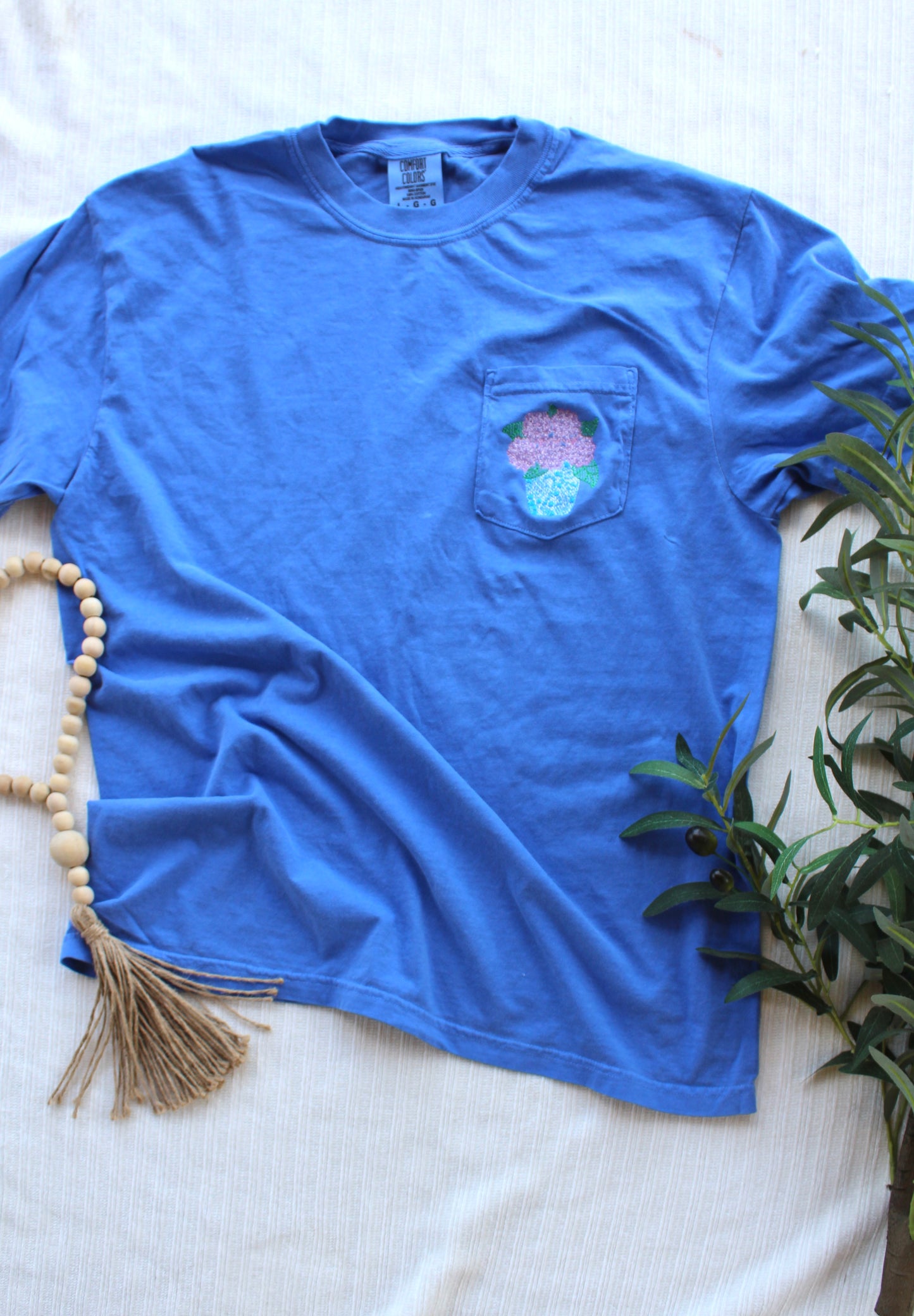 Royal Blue Embroidered Hydrangea Pocket Tee | Chinoiserie Floral Comfort Colors Shirt