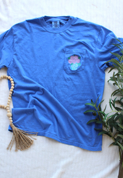 Royal Blue Embroidered Hydrangea Pocket Tee | Chinoiserie Floral Comfort Colors Shirt