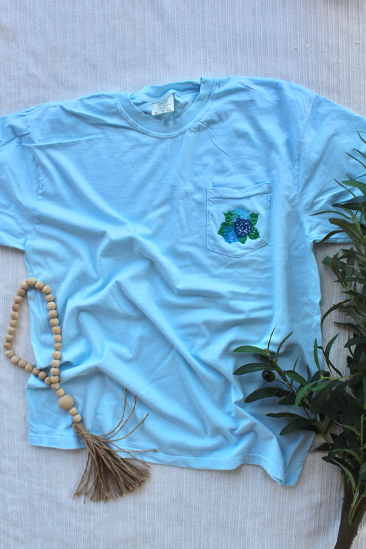 Embroidered Hydrangea Pocket Tee | Comfort Colors Floral Shirt