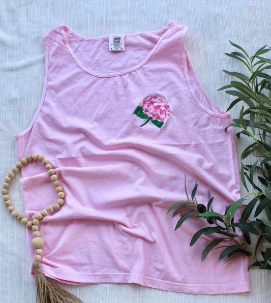 Pink Hydrangea Embroidered Tank | Floral Comfort Colors Tank Top