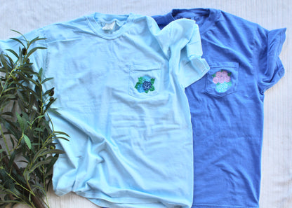 Embroidered Hydrangea Pocket Tee | Comfort Colors Floral Shirt