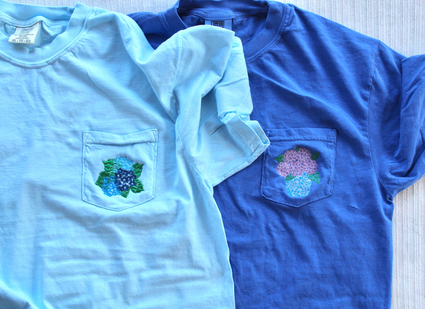 Embroidered Hydrangea Pocket Tee | Comfort Colors Floral Shirt