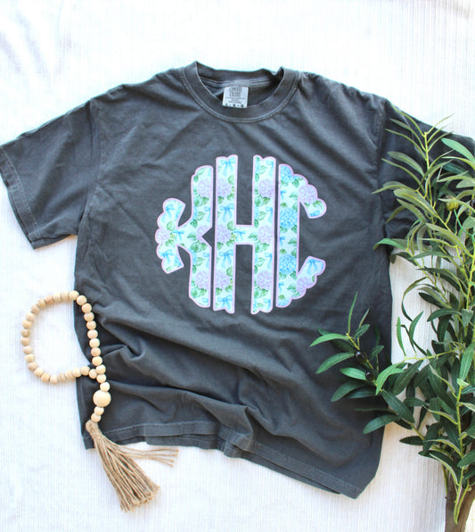 Hydrangea Monogram Comfort Colors Tee | Personalized Floral Initial Shirt