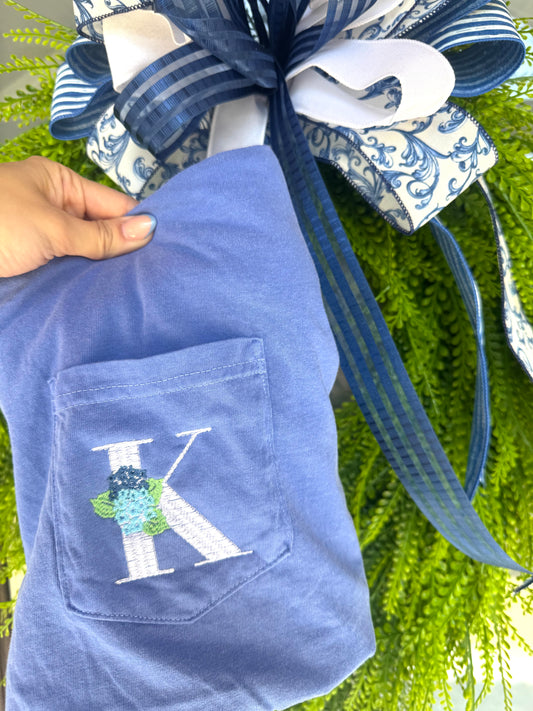 Hydrangea Monogram Comfort Colors Tee | Personalized Floral Initial Shirt