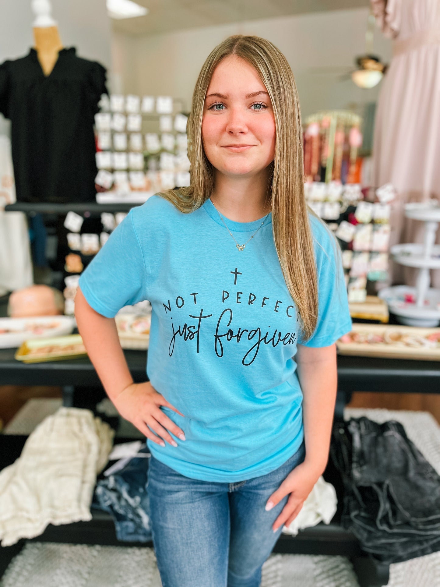 Not Perfect Just Forgiven Christian T‑Shirt – Faith Graphic Tee for Women