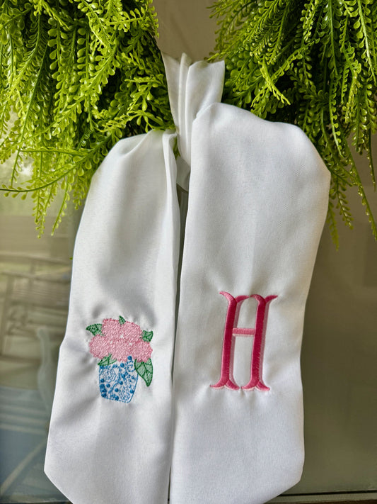 Personalized Hydrangea Embroidered Sash | Monogram Door Hanger Bow