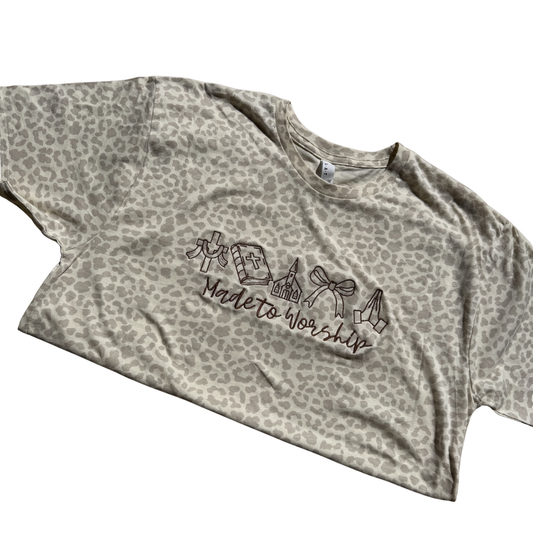 Made to Worship Embroidered Leopard Tee | Faith Inspired Boutique Shirt | Into the Wild Collection™