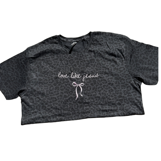 Love Like Jesus Embroidered Leopard Tee | Faith Bow Boutique Shirt | Into the Wild Collection™