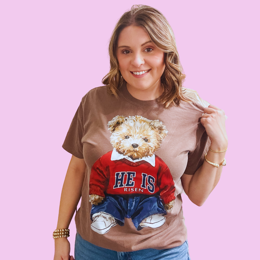 He Is Risen Teddy Bear Graphic Tee | Christian Easter Shirt | Faith Boutique T-Shirt | Walker James Boutique