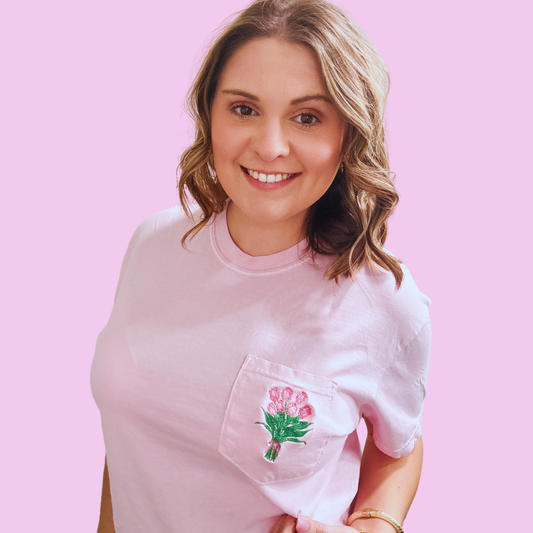 Pink Floral Embroidered Pocket Tee | Spring Boutique Shirt | Walker James Boutique